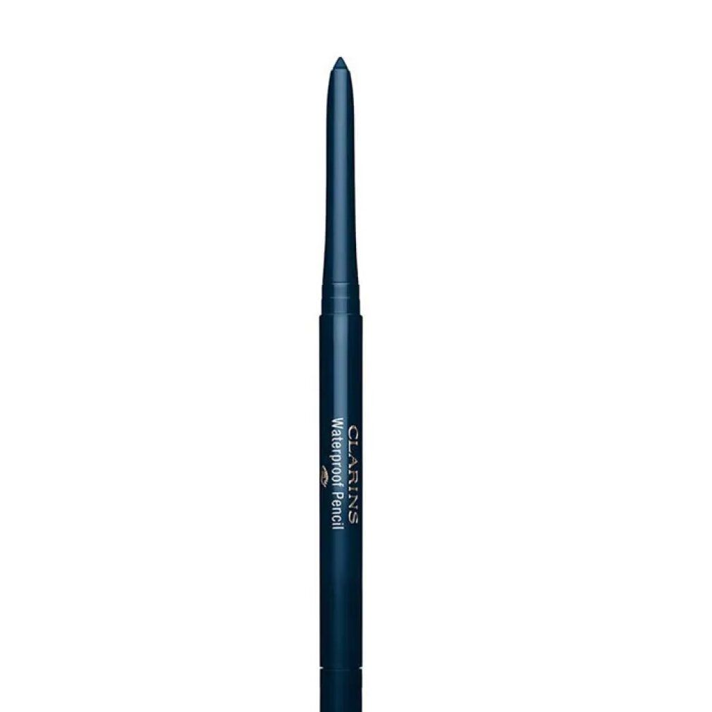 Matita occhi blu, CLARINS Waterproof Pencil. Scritta. Sfondo bianco.