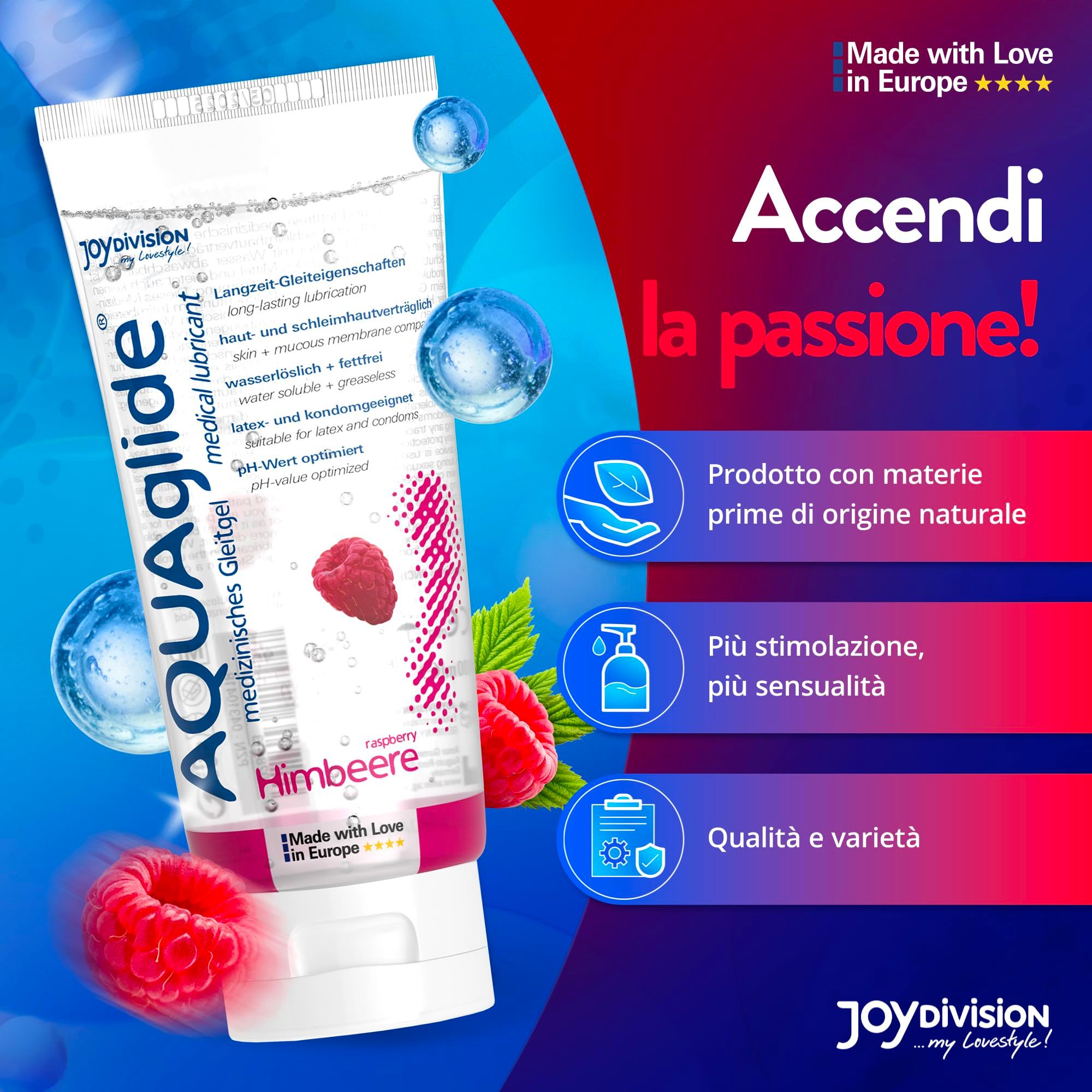 Tubo di gel lubrificante AQUAGLIDE lampone con sigillo 'Made with Love in Europe' e lamponi.
