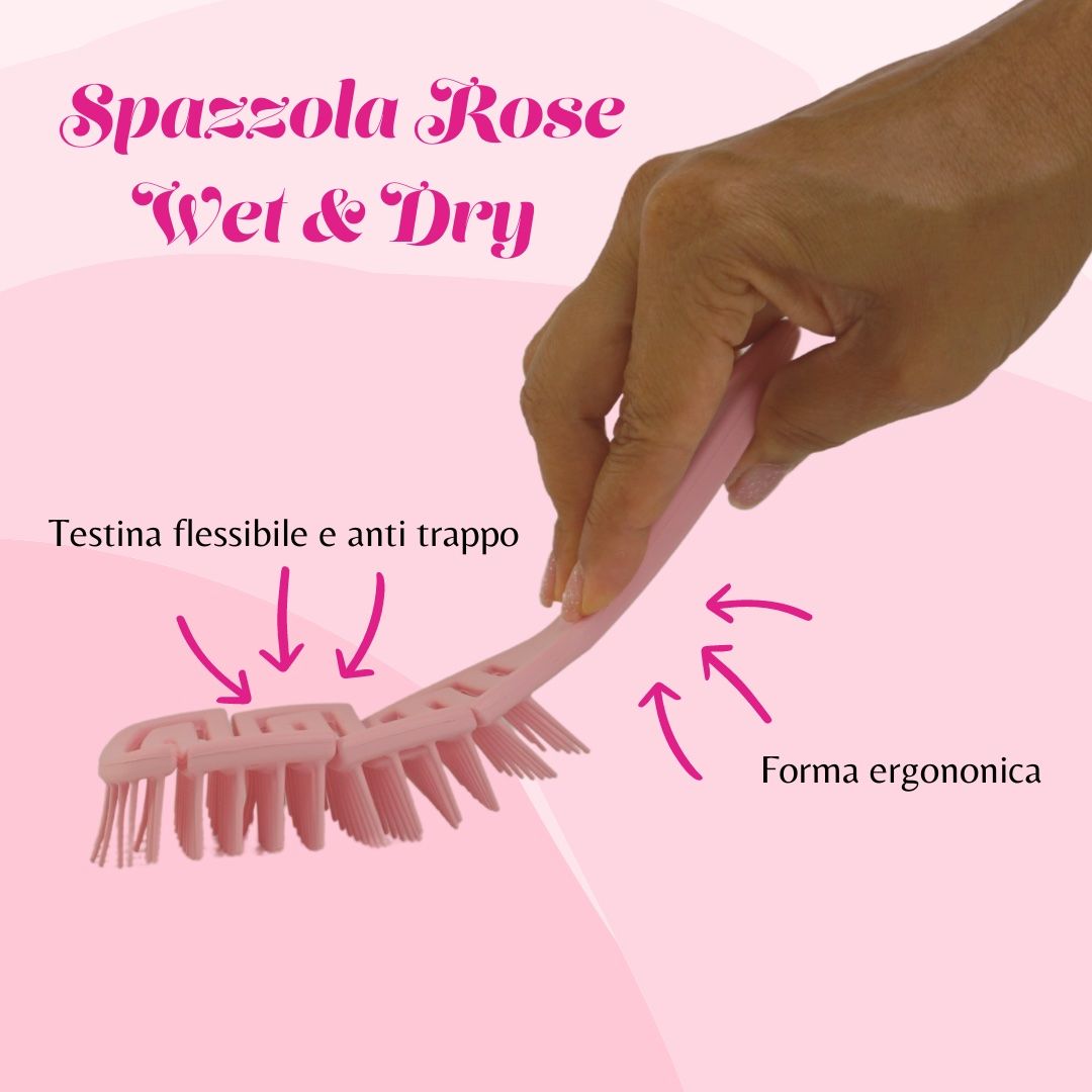 Spazzola rosa con manico. Testo: "Spazzola Rose Wet & Dry". Mano che tiene la spazzola. Frecce che indicano le caratteristiche.