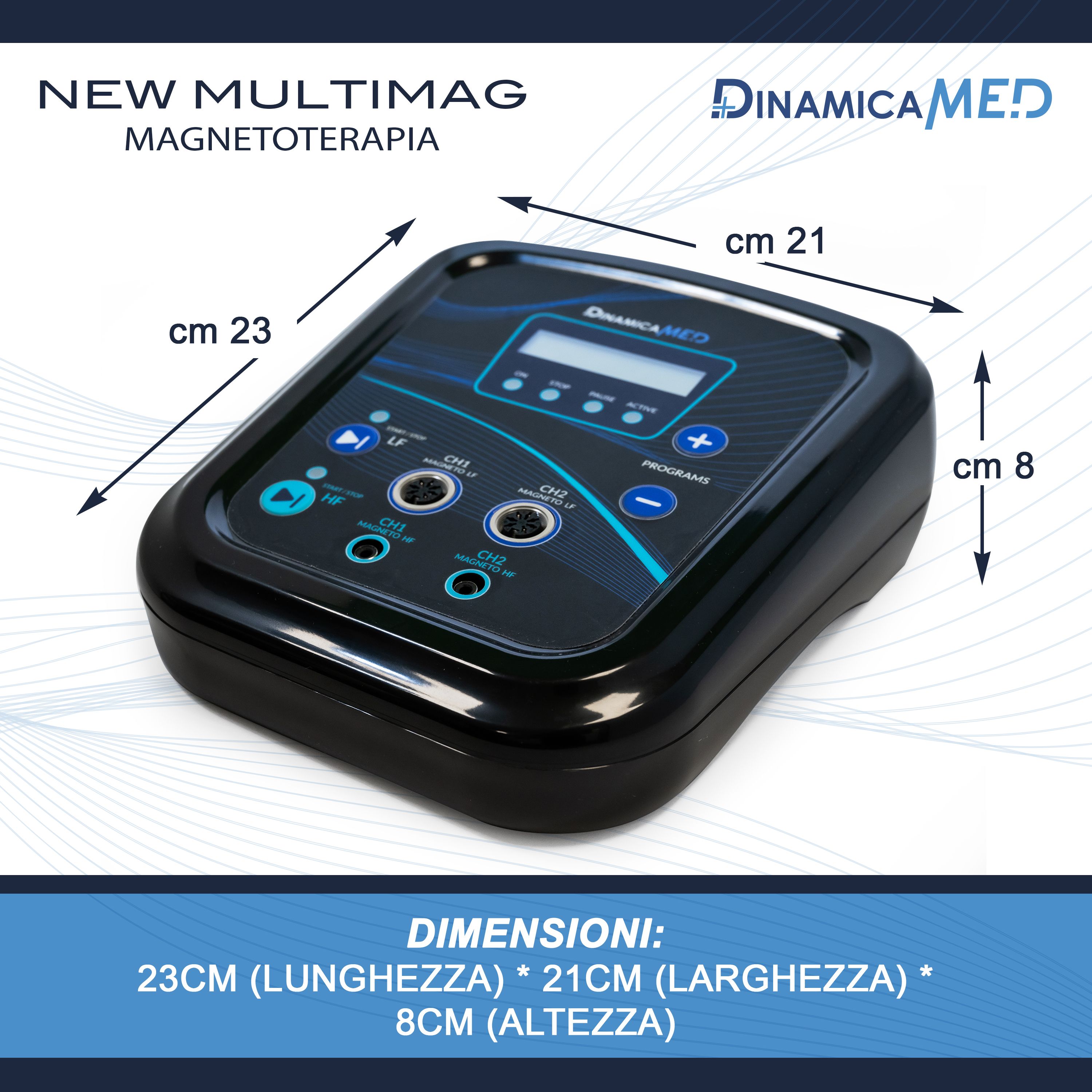 Apparecchio per magnetoterapia con dimensioni: 23cm lunghezza, 21cm larghezza, 8cm altezza.
