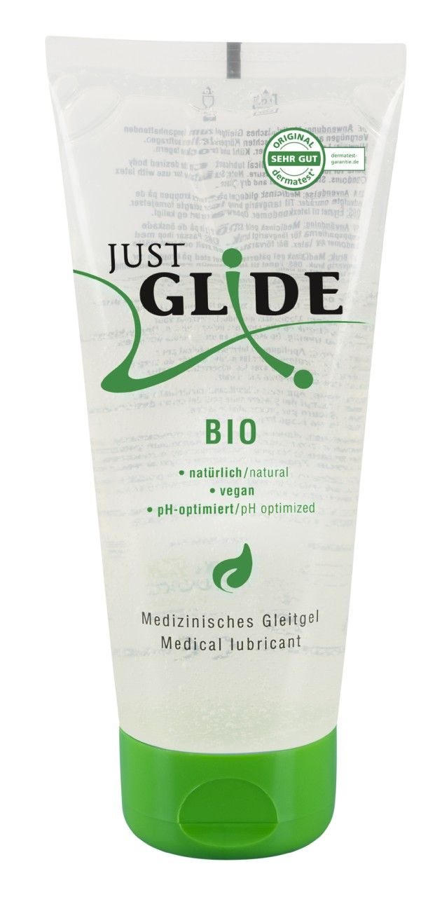 Tubo di gel lubrificante Just Glide Bio con sigillo 'Original sehr gut dermatest'.