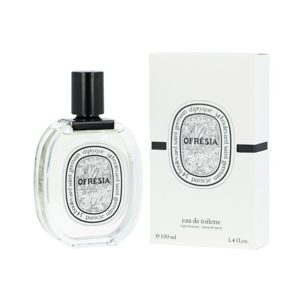 Flacone di profumo e confezione. Flacone con tappo nero, etichetta bianca. Confezione bianca, testo: Ofresia, Diptyque, Eau de Toilette.