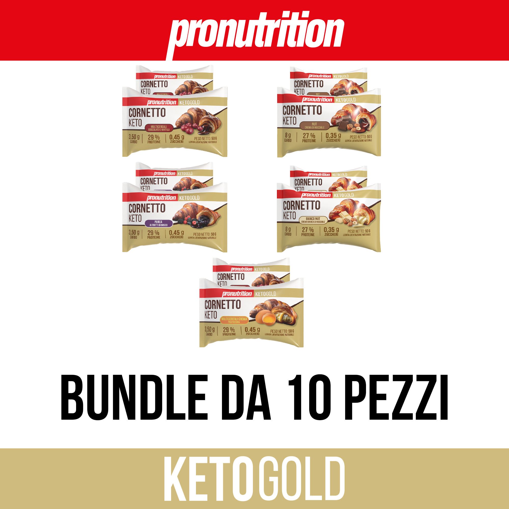Confezioni di Cornetto Keto, 10 pezzi, su sfondo oro. Marchio Pronutrition.