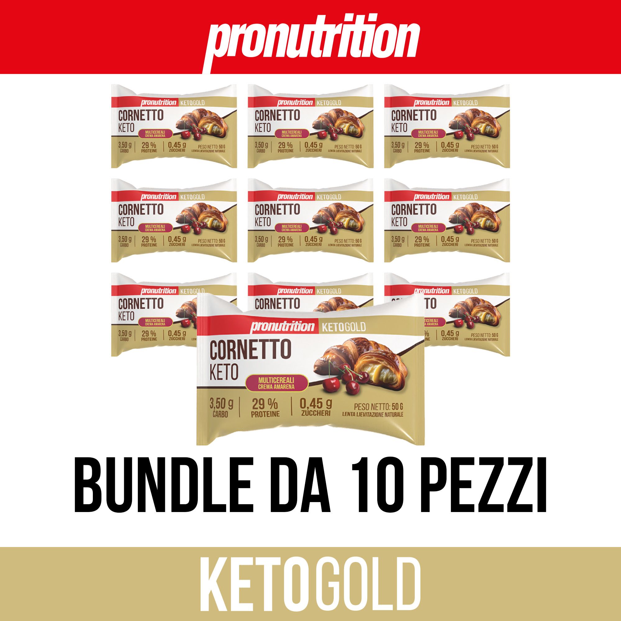 Confezione da 10 Cornetto Keto. Scritte: Pronutrition, Cornetto Keto, KetoGold. Contiene ciliegie.