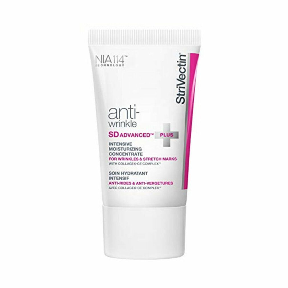 Tubo bianco con dettagli rosa. Scritta: Anti-Wrinkle SD Advanced Plus, Concentrato idratante intensivo. Marchio: Strivectin.