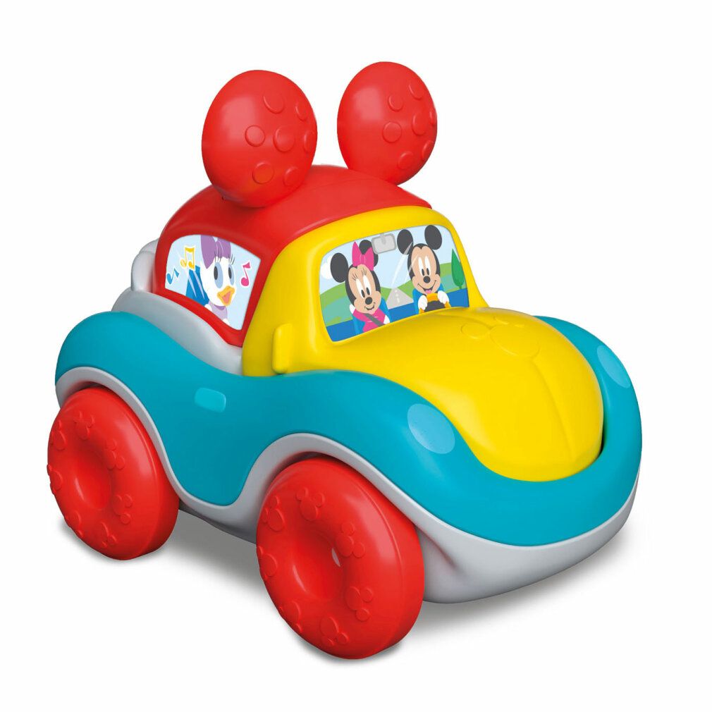 Macchinina giocattolo blu, gialla e rossa con tema Mickey Mouse. Ruote e orecchie rosse. Finestrini con personaggi.