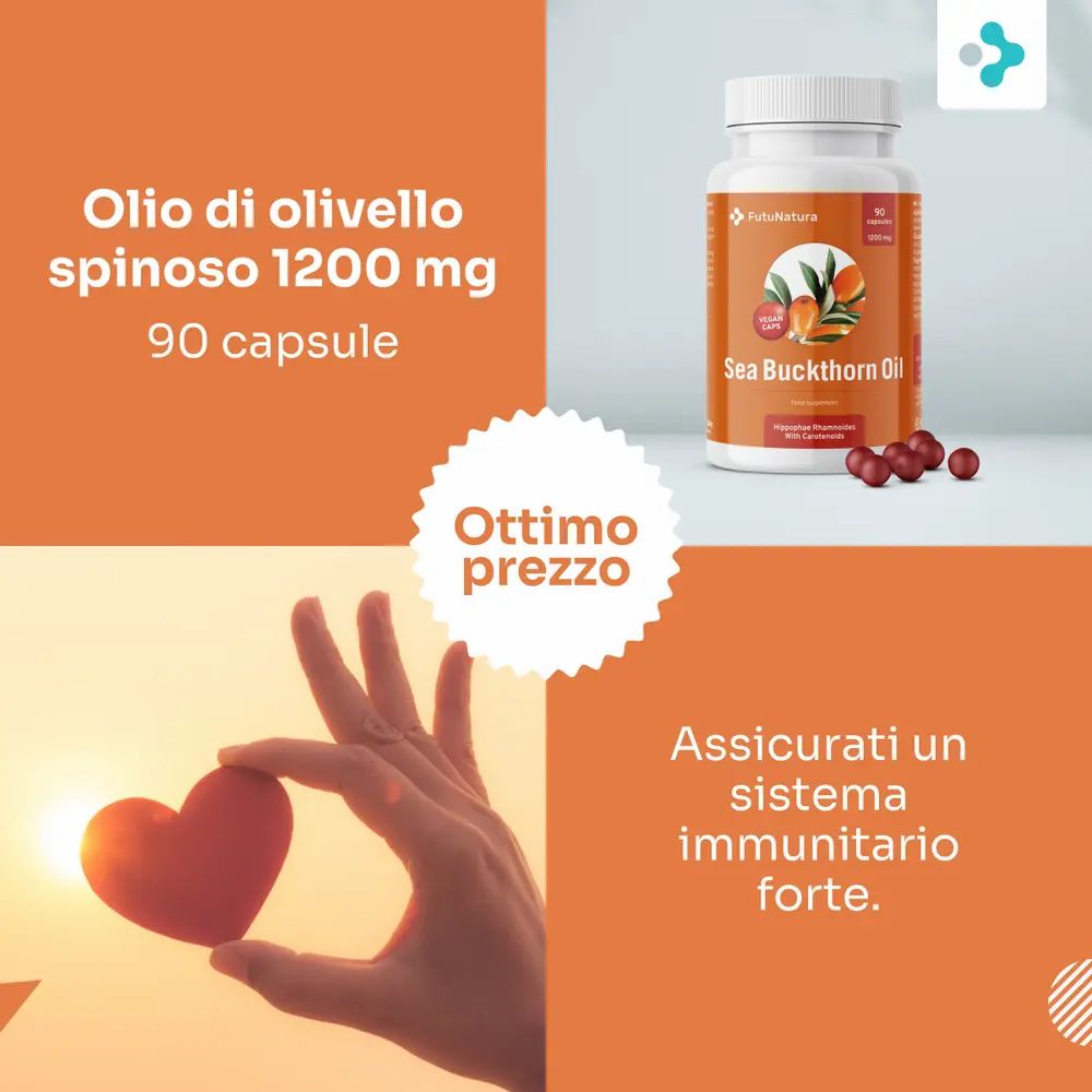 Flacone FutuNatura Sea Buckthorn Oil 1200 mg. Mano che tiene un cuore. Testo: Olio di olivello spinoso 1200 mg, 90 capsule. Ottimo prezzo.