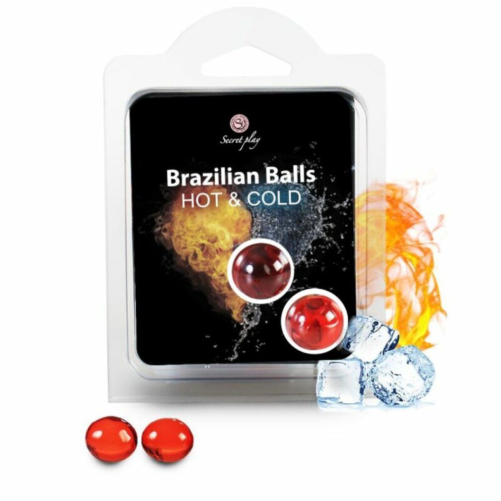 Confezione con due palline rosse. Scritta: Brazilian Balls HOT & COLD. Immagini di fuoco e cubetti di ghiaccio.