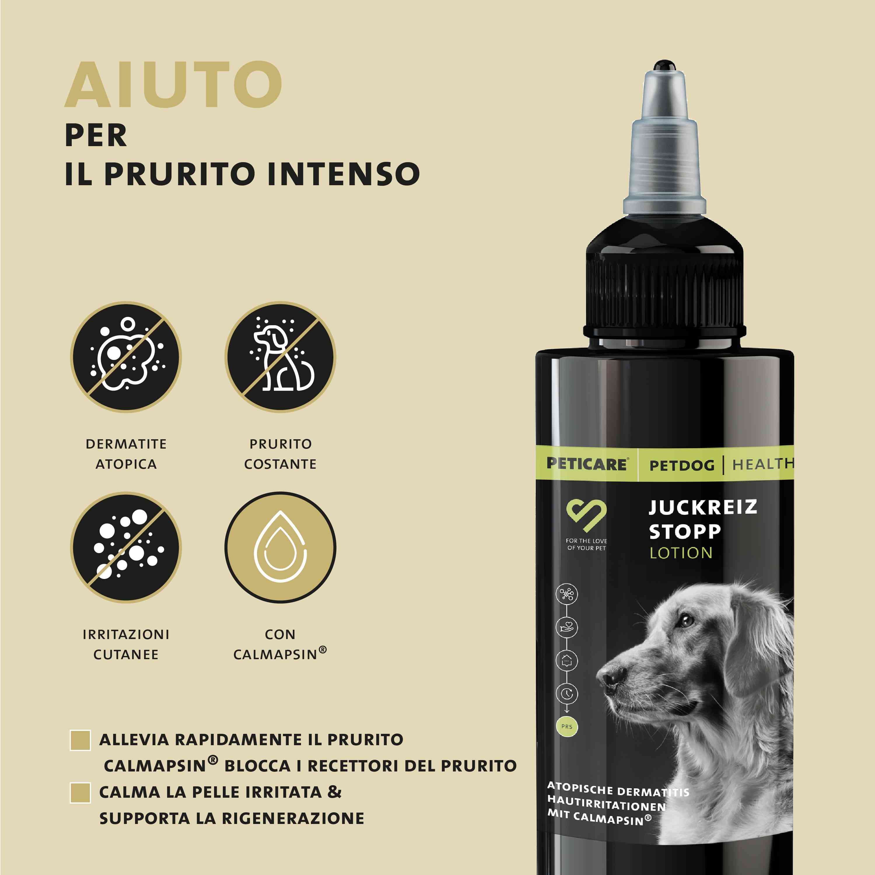 Flacone con testo: Lozione Stop Prurito. Testo: Aiuto per il prurito intenso. Con Calmapsin.