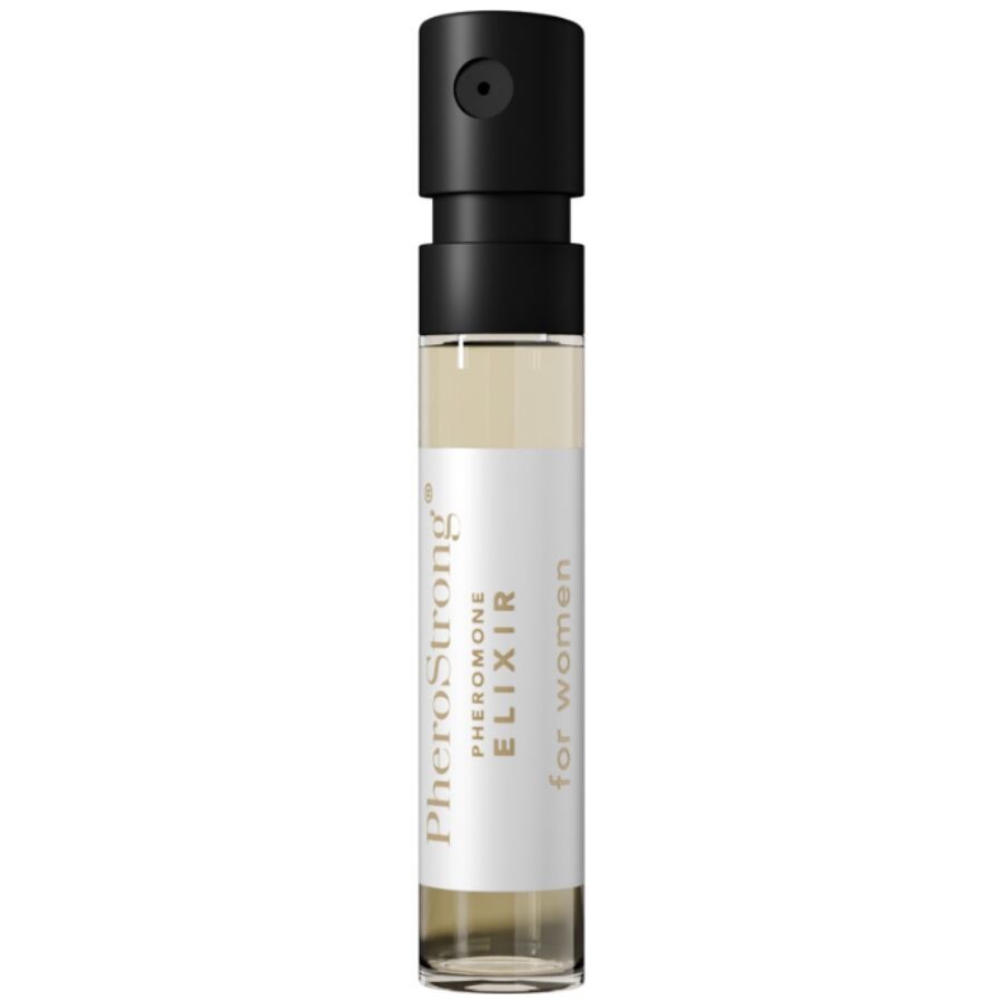 PheroStrong Elixir per donne, profumo a feromoni in un piccolo flacone di vetro con erogatore.
