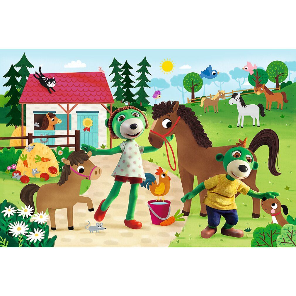 Illustrazione puzzle: fattoria con personaggi, cavalli, polli e un cane. Sfondo: prato verde, alberi, casa. Senza confezione.