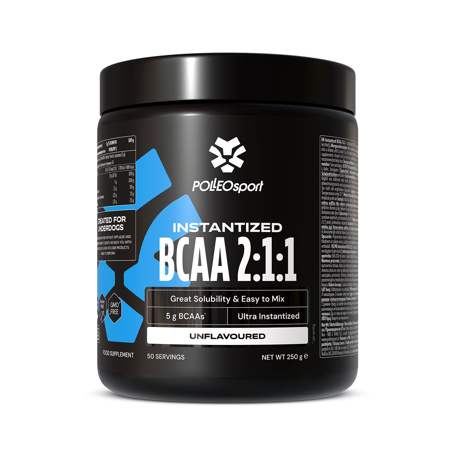 Barattolo nero con logo bianco. Scritta: Instantized BCAA 2:1:1. Contiene 5g BCAA. "Unflavoured". 50 porzioni. Peso netto 250g.