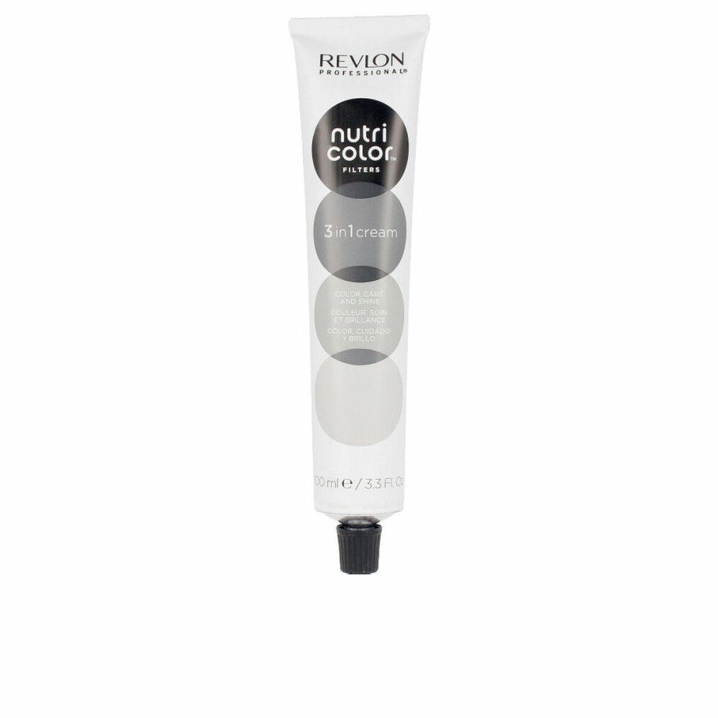 Tubo bianco con tappo nero. Scritta: Revlon Nutri Color Filters 3in1 Cream. 100ml/3.3 Fl Oz.