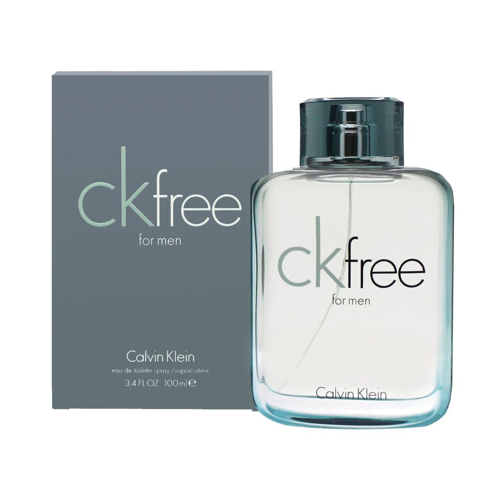 Flacone e scatola ckfree for men. Scritta: ckfree for men, Calvin Klein. Flacone trasparente, scatola grigia.