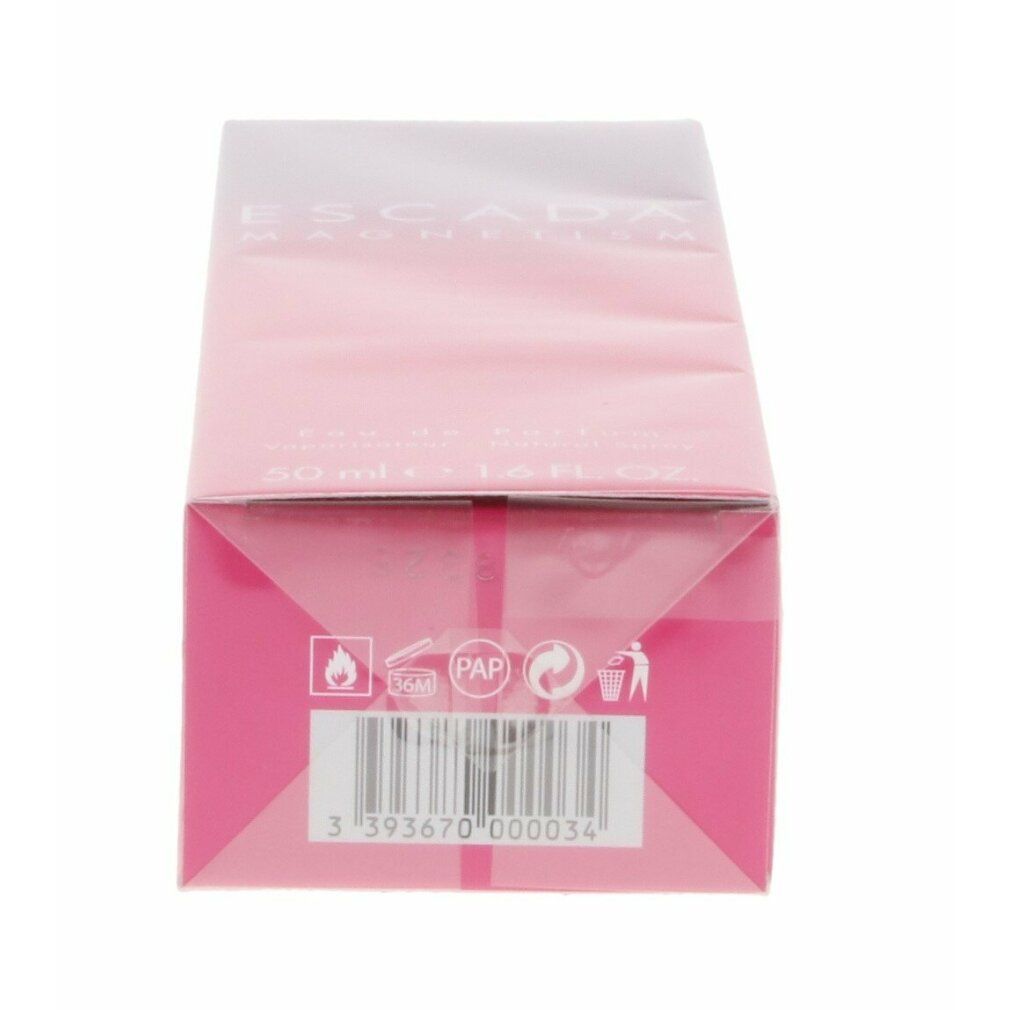 Parte inferiore della confezione Escada Magnetism. Stampe con simboli e codice a barre. Sfondo rosa.