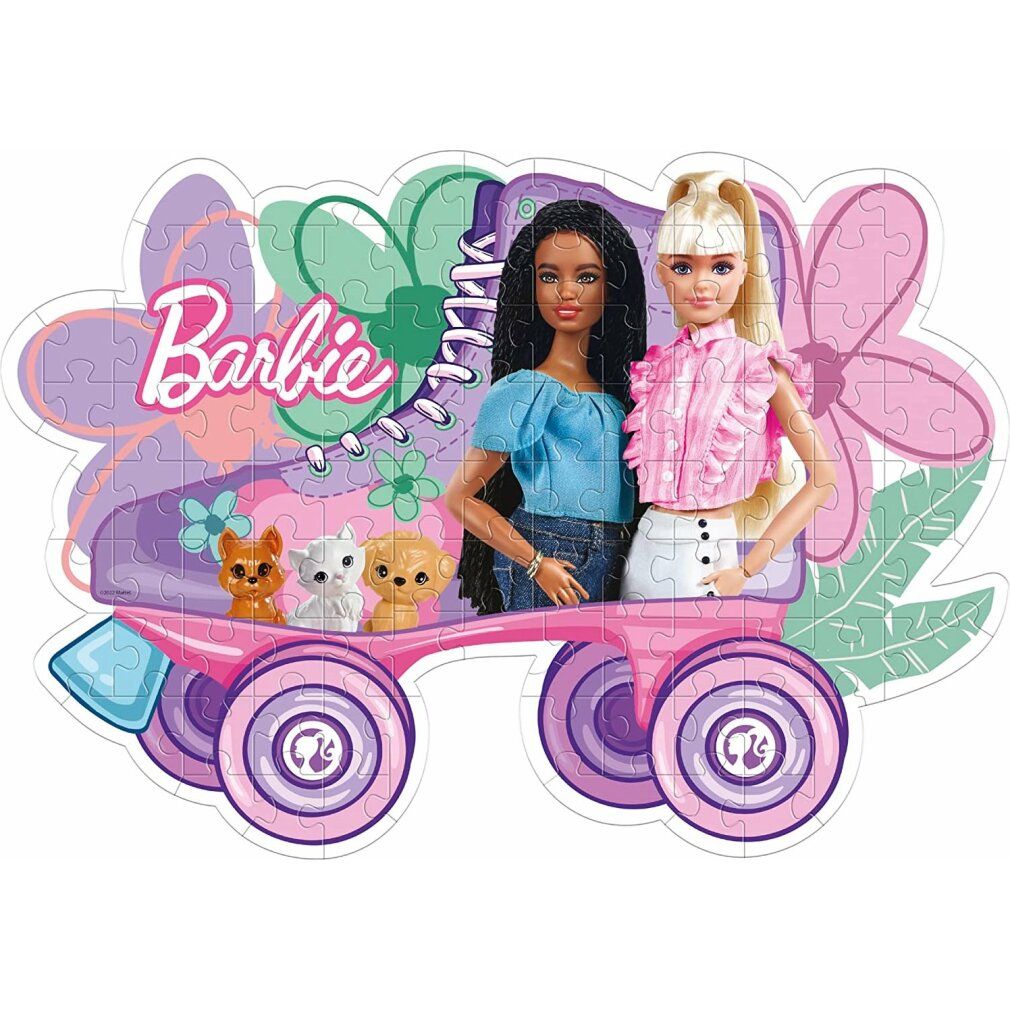 Puzzle Barbie, 104 pezzi. Puzzle sagomato con motivo Barbie, due bambole, animali e fiori. Pezzi assemblati. Sfondo bianco.