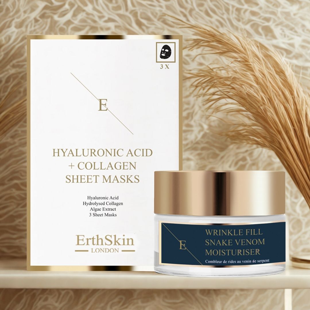 Vaso di crema e confezione di maschere. Scritta: ErthSkin London. Confezione di maschere con 3 maschere. Scritta: Crema idratante al veleno di serpente.