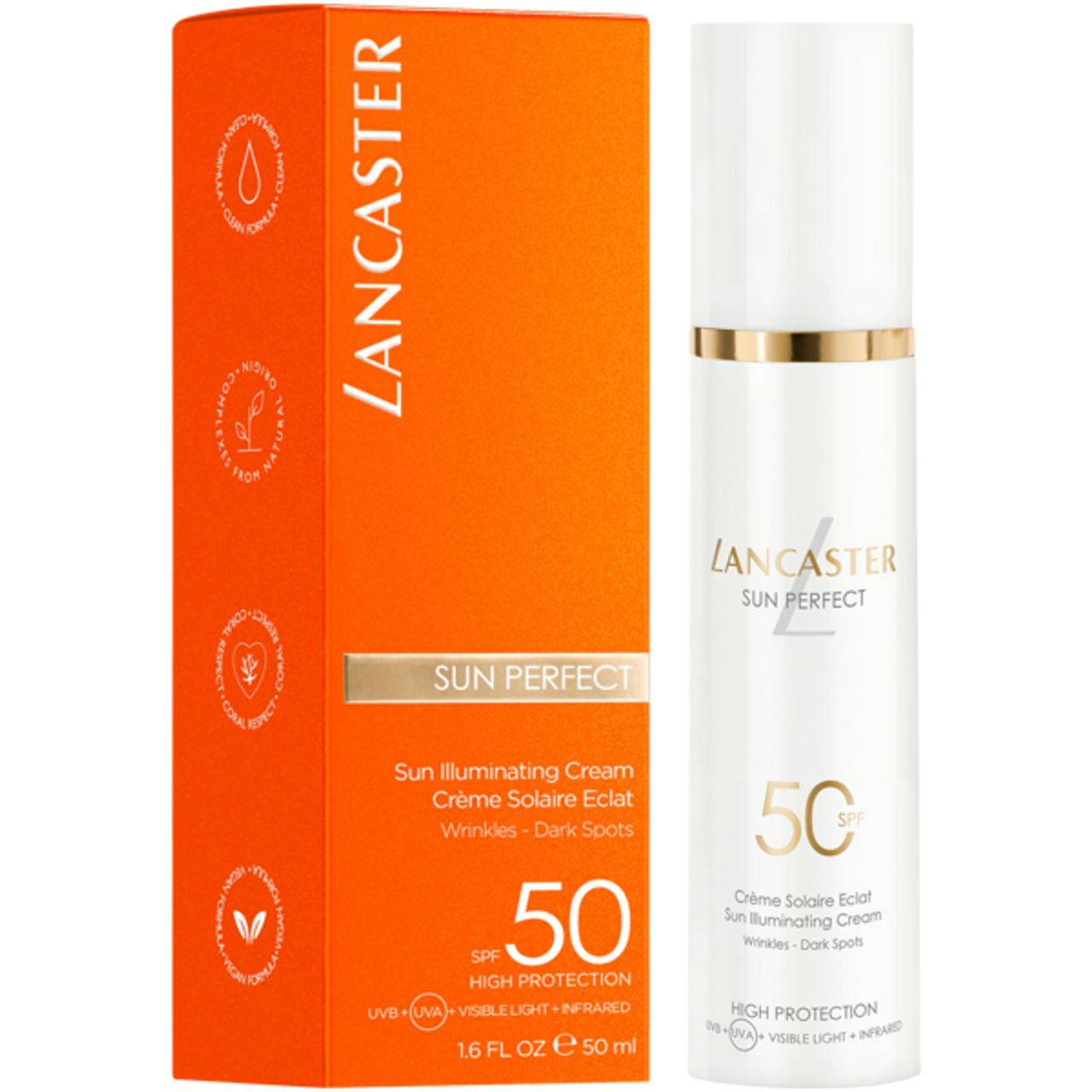 Confezione arancione e tubo bianco. Scritta: Lancaster Sun Perfect, Crème Solaire Eclat, SPF 50. Contro rughe e macchie scure.
