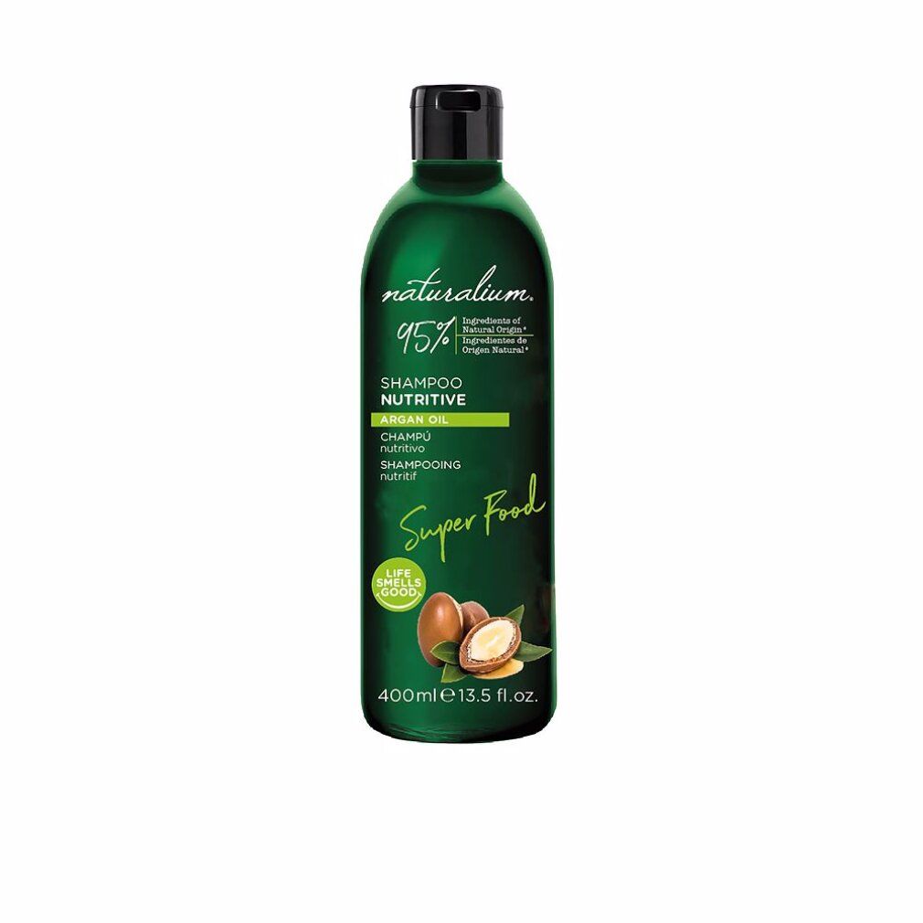 Flacone di shampoo verde con tappo nero. Scritta: Shampoo Nutritivo Argan Oil Super Food. Illustrazione di frutti di argan.