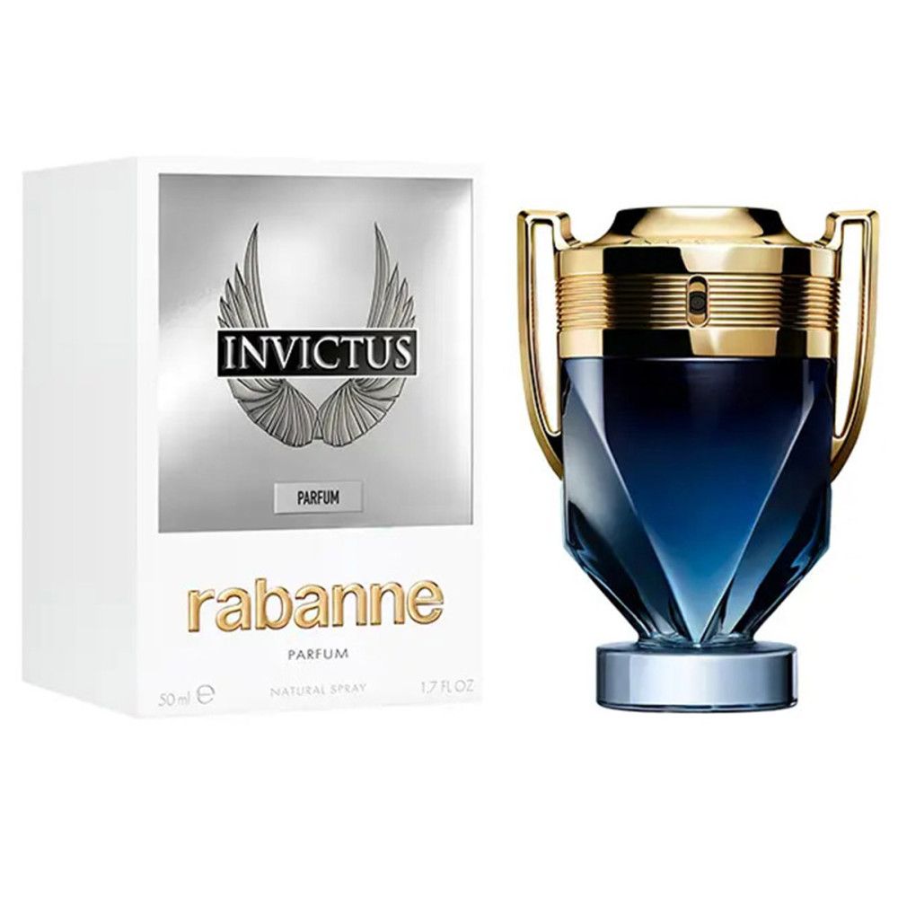 Flacone e confezione Invictus Parfum. Flacone blu, tappo dorato. Confezione bianca con logo e scritta.