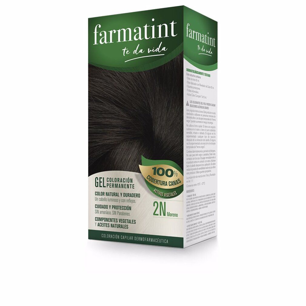 Confezione Farmatint. Gel colorante per capelli. Copertura 100% capelli bianchi. 2N. Colore naturale e duraturo. Senza ammoniaca, parabeni e siliconi.