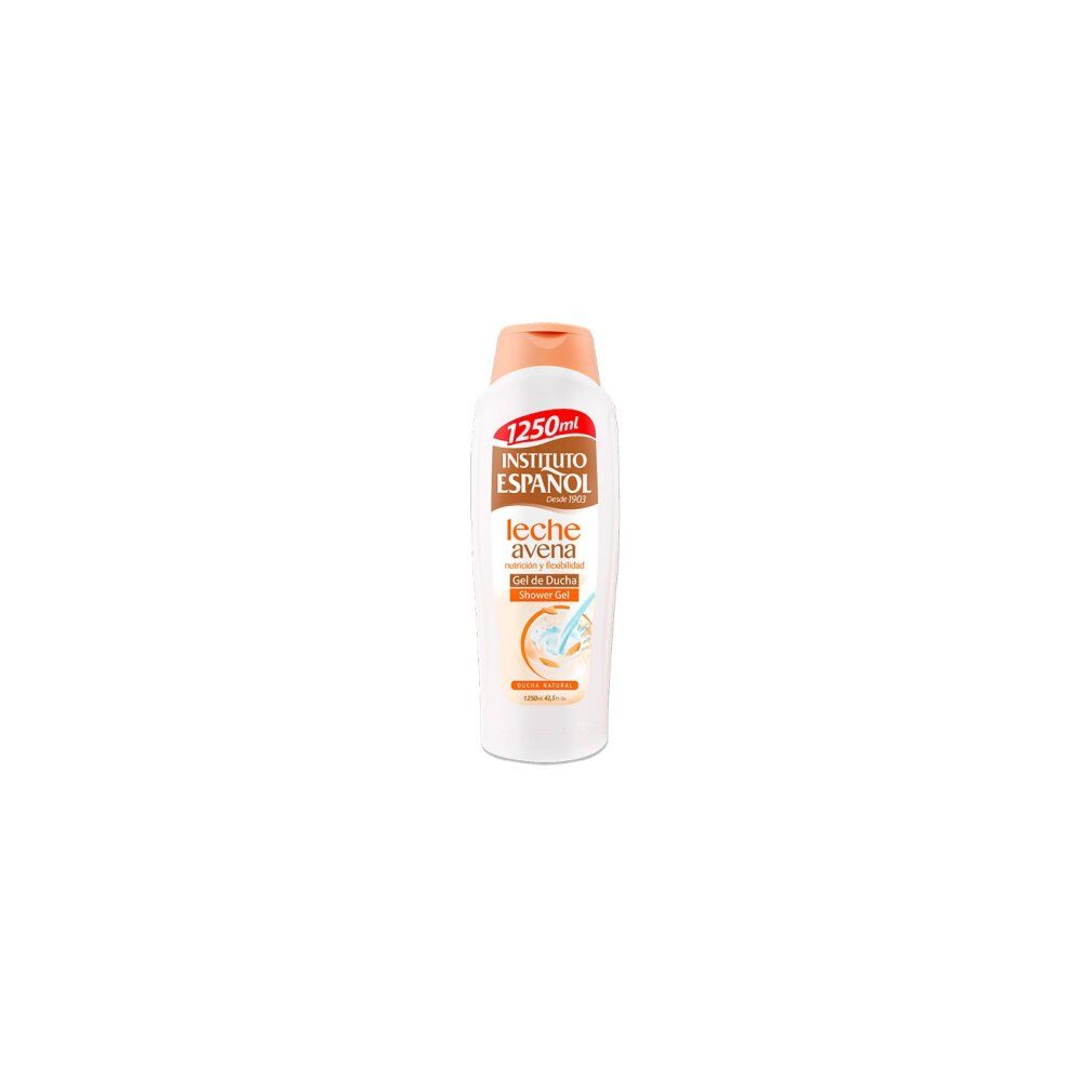 Flacone bianco con etichetta "Instituto Español Leche Avena". Contiene 1250ml. Illustrazione di avena.