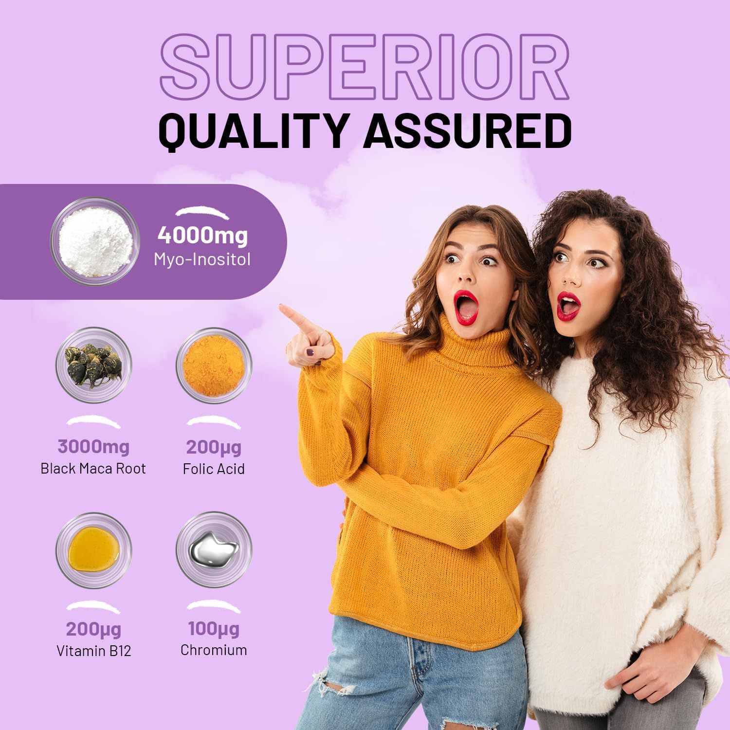 Due donne indicano ingredienti: 4000mg Myo-Inositol, 3000mg Black Maca Root, 200µg Acido folico, 200µg Vitamina B12, 100µg Cromo. Sfondo viola.