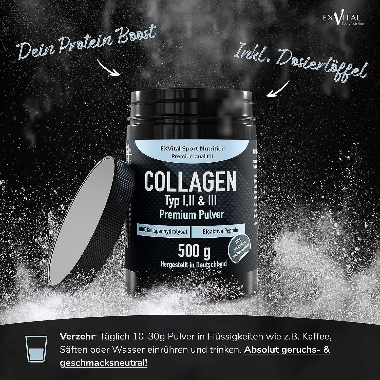 Barattolo nero EXVital Collagen Pulver, tipo I, II & III, 500g. Coperchio accanto. Cucchiaio dosatore incluso. Boost proteico.