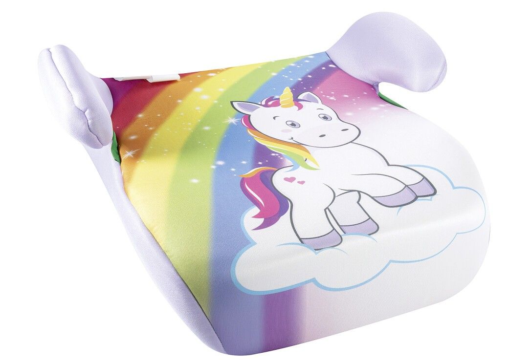 Seggiolino per bambini con motivo unicorno e arcobaleno. Poggiatesta laterali, bianco-viola. Stampa di un unicorno su una nuvola. Paw Patrol.