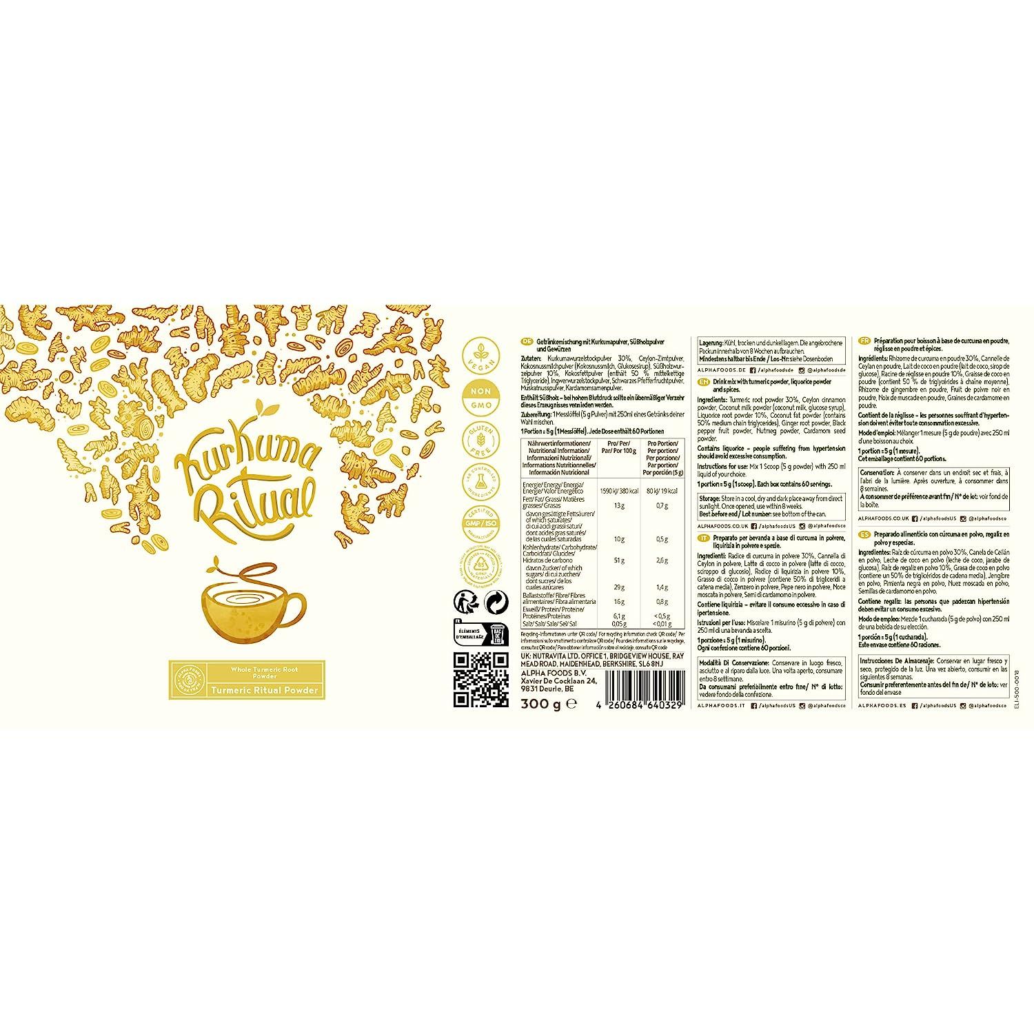 Confezione del prodotto con logo "Kurkuma Ritual" e valori nutrizionali. Contenuto 300g. Vegano, senza OGM.