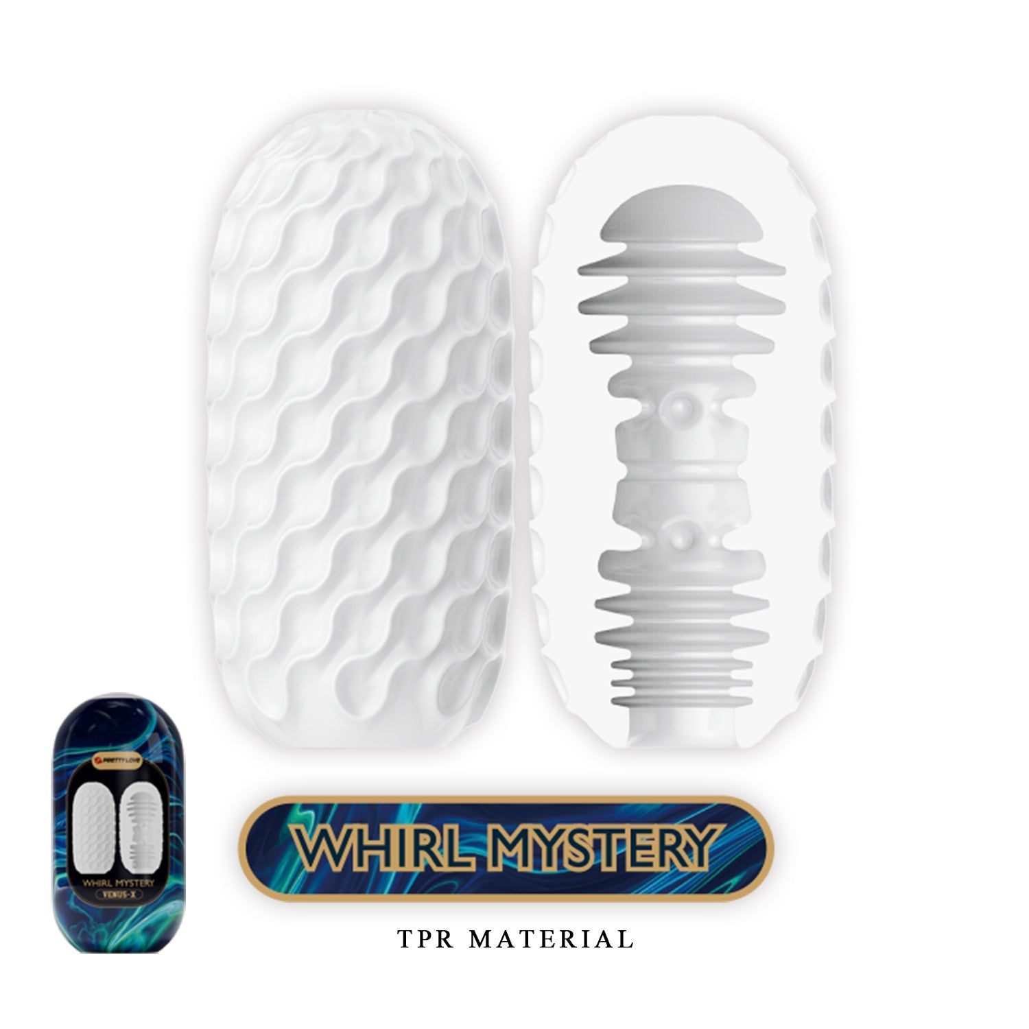 Prodotto ovale bianco con superficie ondulata. Accanto, prodotto con confezione blu-verde, testo: VENUS-X, PRETTY LOVE.