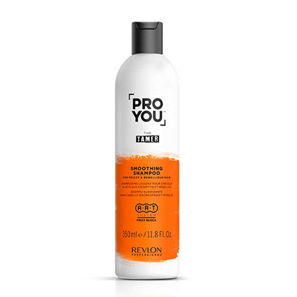 Flacone bianco con tappo nero. Scritta: PRO YOU THE TAMER, Smoothing Shampoo. Striscia arancione. Revlon Professional.