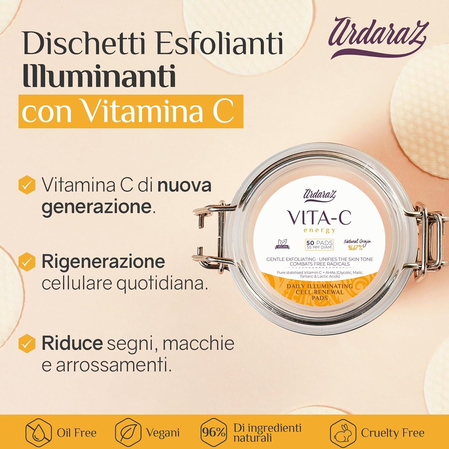 Nome e logo del prodotto su vetro. Testo: rigenerazione cellulare, riduce le macchie.