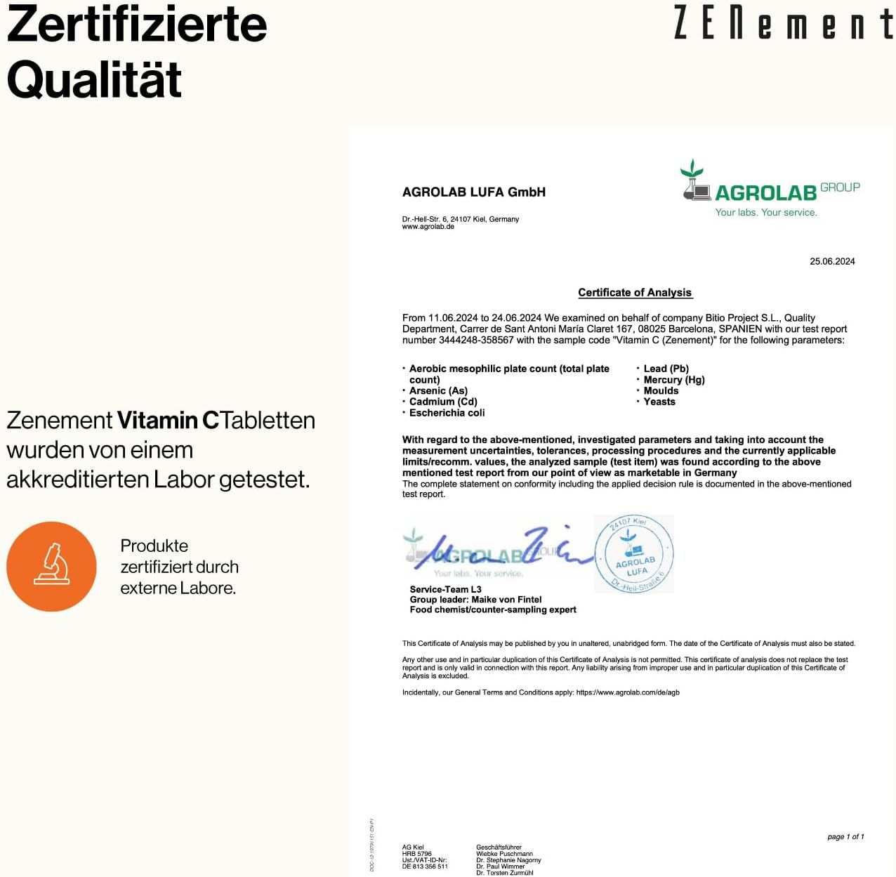 Documento di certificazione di Agrolab LUFA GmbH. Testo: Le compresse di vitamina C Zenement sono state testate da un laboratorio accreditato.