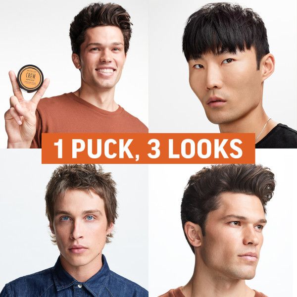 Quattro uomini con acconciature diverse. Un uomo tiene un barattolo di "AMERICAN CREW MATTE CLAY". Testo: "1 PUCK, 3 LOOKS".