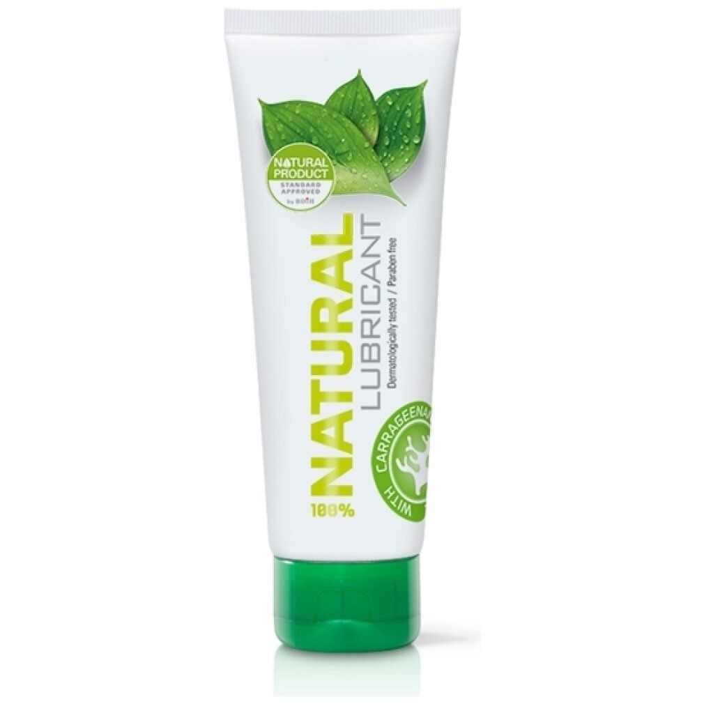 Tubo bianco con tappo verde, scritta "Natural Lubricant". Con foglie e gocce d'acqua.