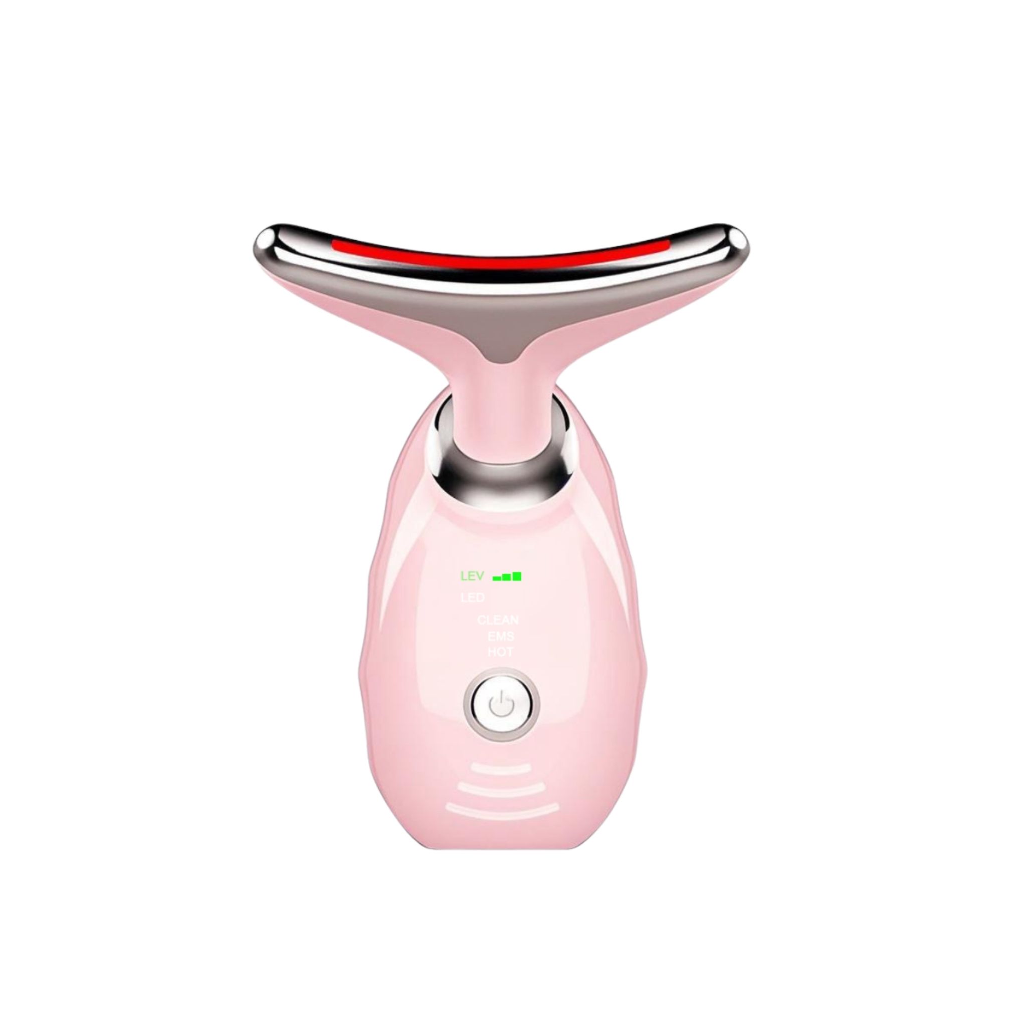 Massaggiatore rosa per viso e collo con accenti argentati e barra LED rossa.
