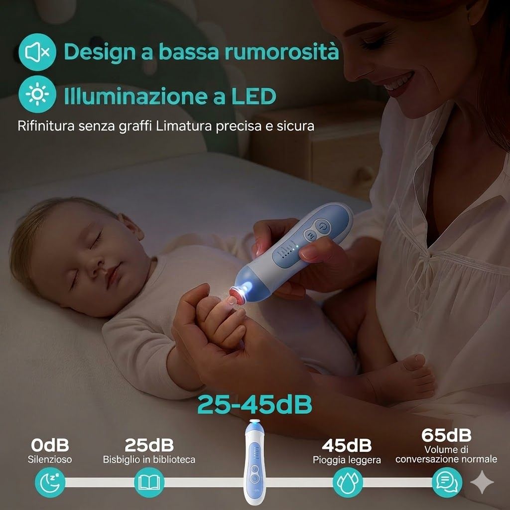 Lima per unghie elettrica, blu e bianca. Illuminazione a LED. Bambino che dorme. Design silenzioso. Scala dei decibel: 0-65 dB.