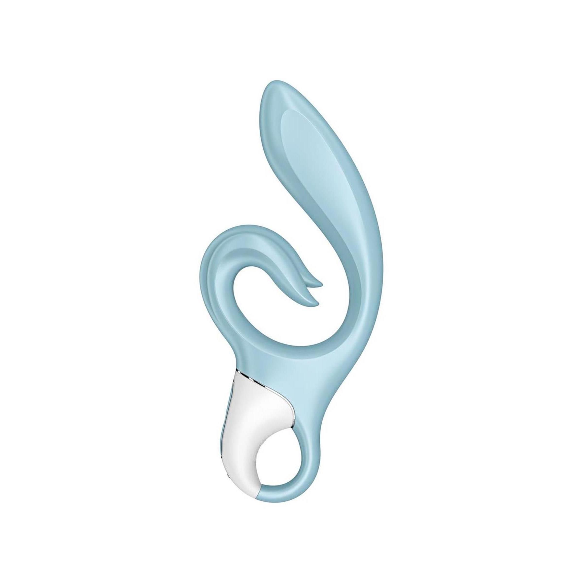 Un vibratore azzurro dalla forma curva con un accento bianco sull'impugnatura.