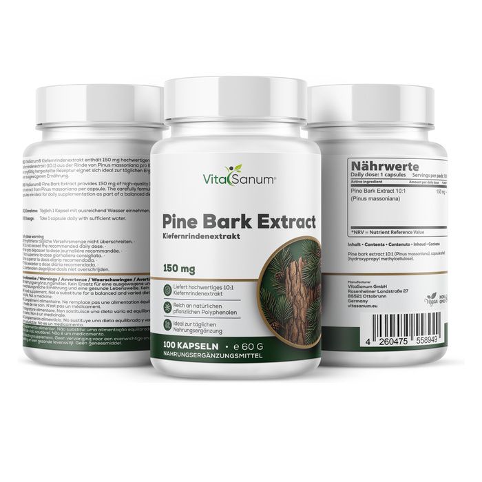 VitaSanum Estratto di corteccia di pino, capsule, 150 mg. Tre contenitori, uno davanti, due dietro. Etichette con informazioni sul prodotto.