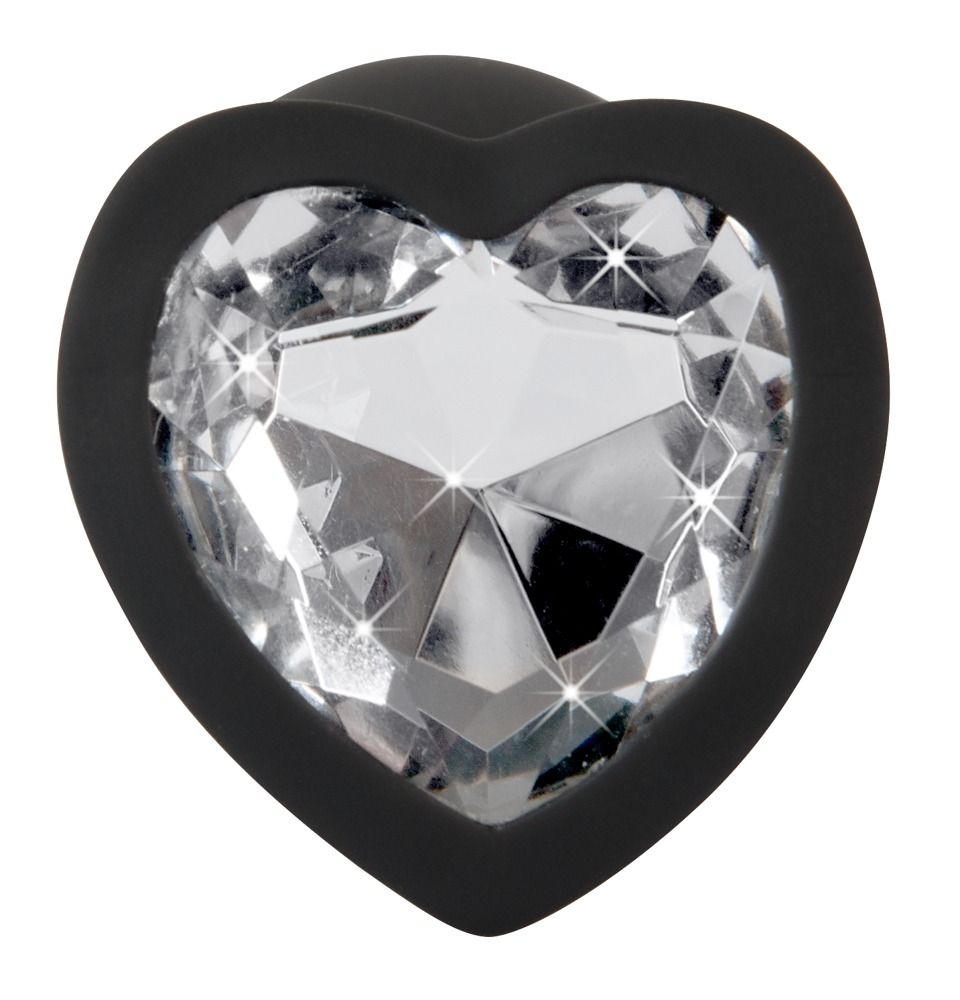 Confezione con plug anale in silicone nero, strass a forma di cuore, dimensioni 7,3 cm lunghezza, 2,8 cm Ø.