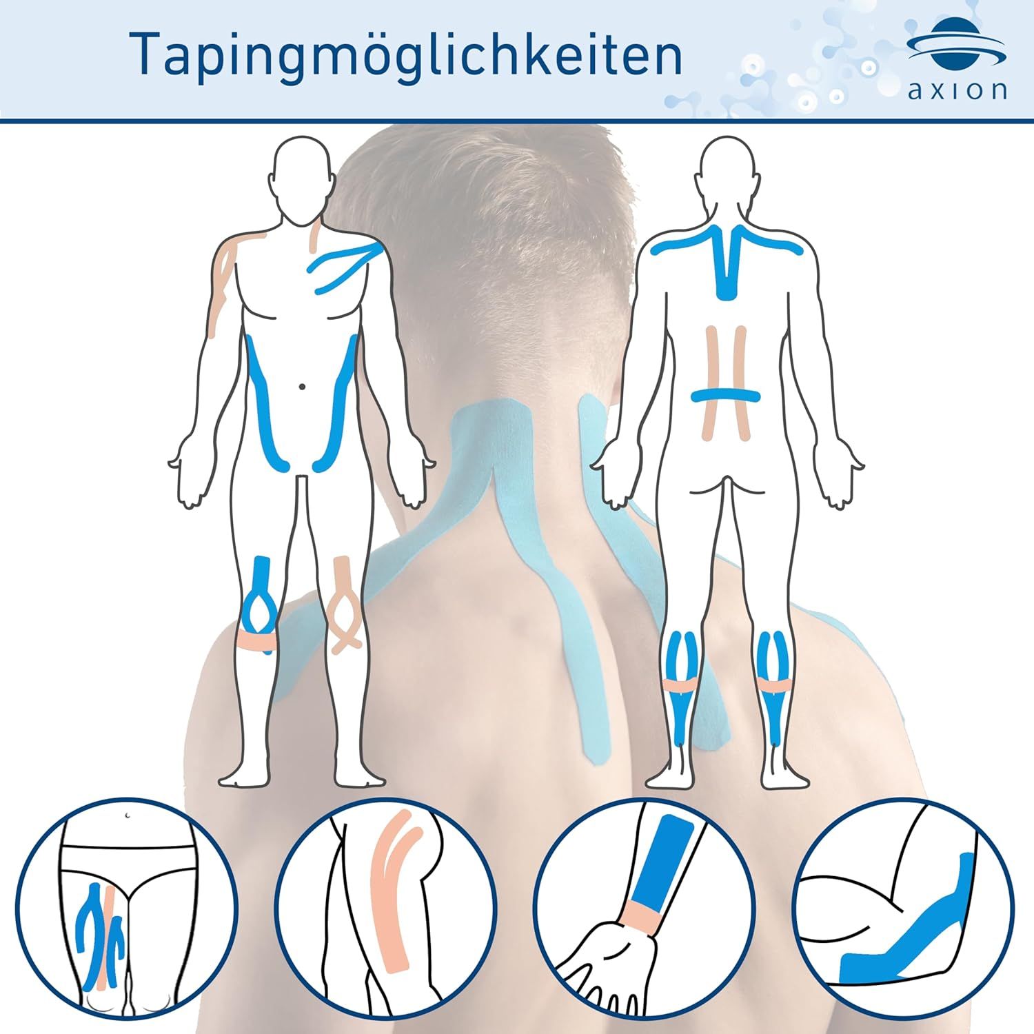 Due corpi con applicazioni di kinesio tape. Diagrammi per braccia, gambe, spalle e schiena. Logo.