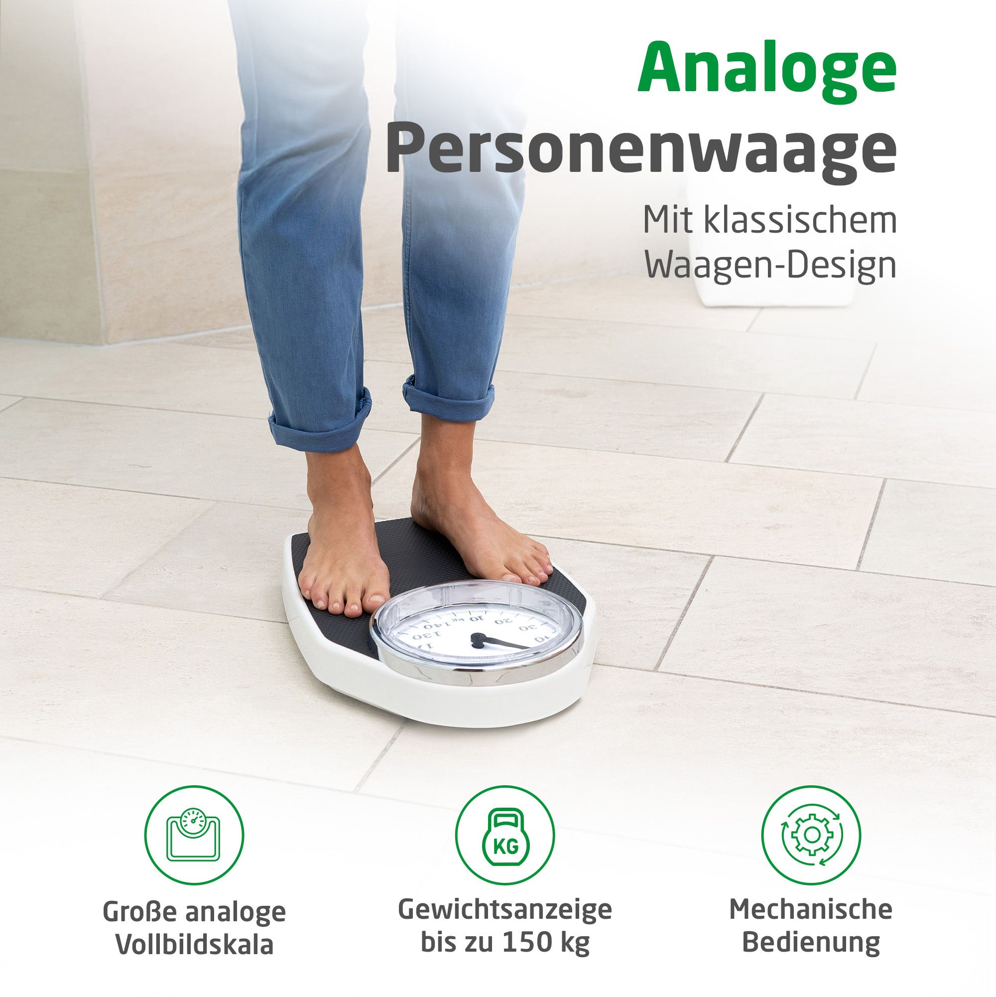 Bilancia pesapersone analogica dal design classico, indica fino a 150 kg.