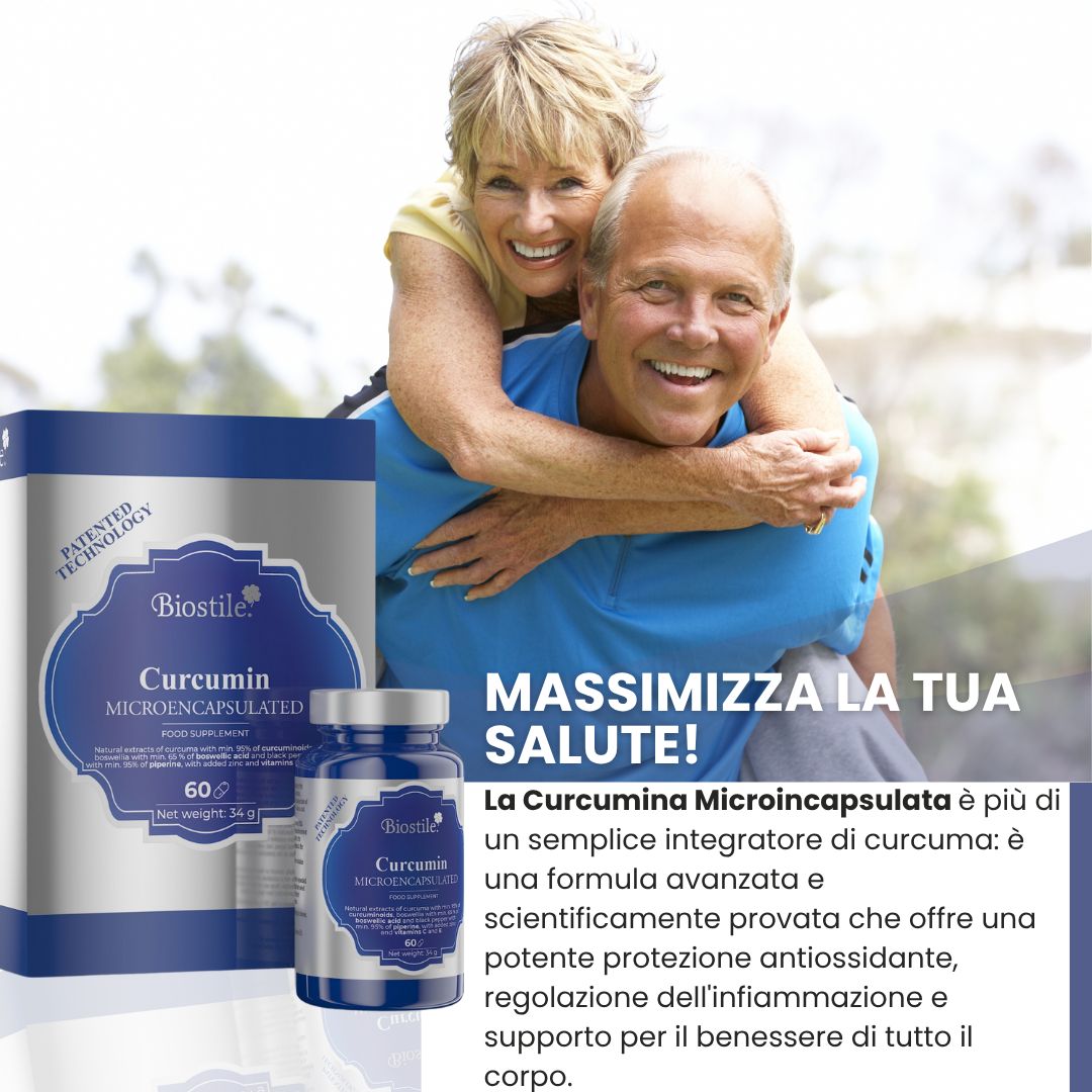 Coppia anziana che si abbraccia. Accanto a loro: confezione e flacone del prodotto. Testo: Massimizza la tua salute!