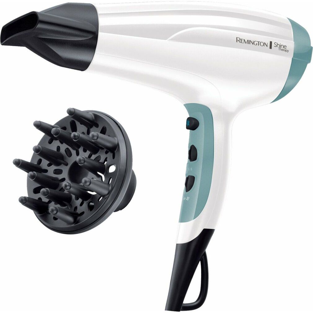 Asciugacapelli bianco con diffusore nero. Marchio Remington. Dettagli blu. Tre pulsanti.