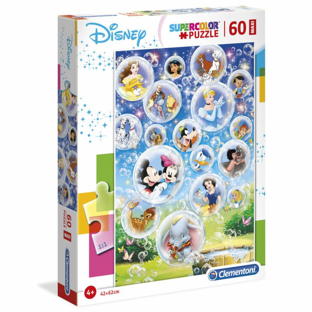 Scatola puzzle Disney con personaggi in bolle. 60 pezzi, 42x62cm. Marca: Clementoni. Età: 4+