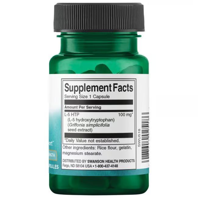 Retro del flacone verde. Scritta: Supplement Facts, 100 mg L-5 HTP, ingredienti, Swanson Health Products.