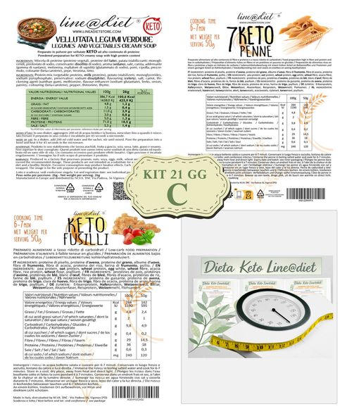 Line@diet KETO: Penne, Fusilli, vellutata verdure. Valori nutrizionali e tempo di preparazione.