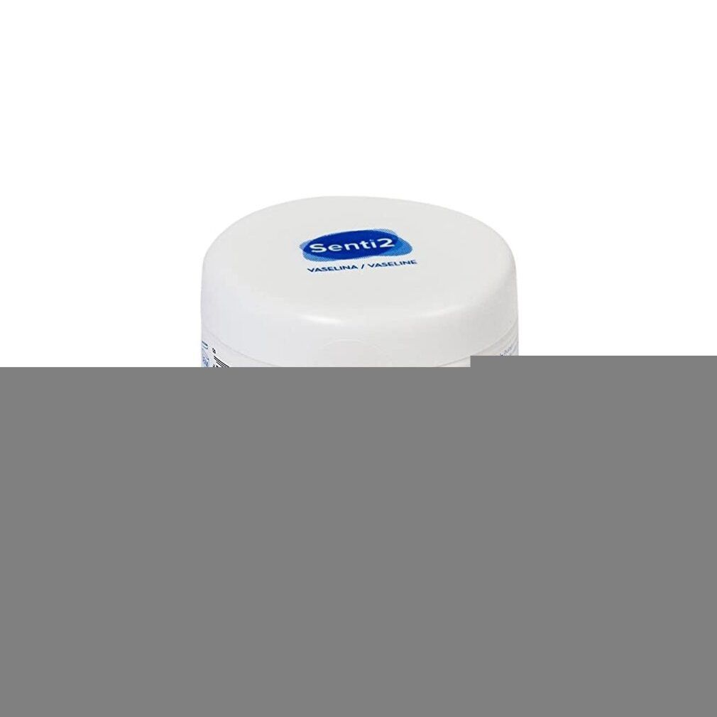 Vasetto bianco con coperchio blu. Scritta Senti2. Vaselina/Vaseline.