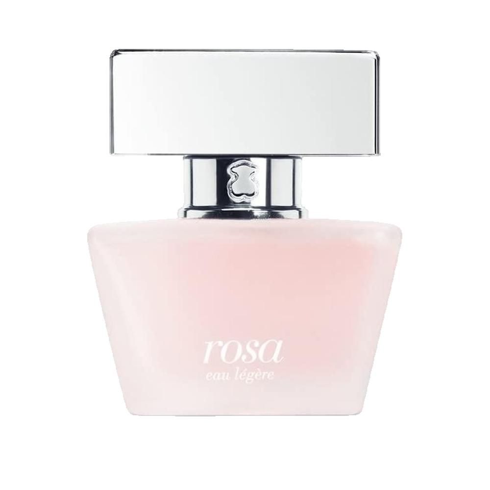 Flacone Rosa Eau Légère. Liquido rosa in un flacone di vetro sfumato rosa quadrato con tappo argentato. Scritta: rosa eau légère.